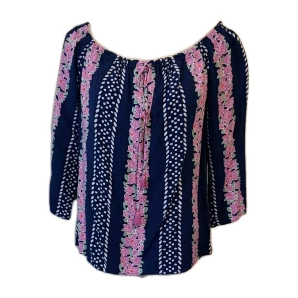 Southern Tide Top Women's Small Navy Pink Floral Rayon Off The‎ Shoulder Blouse